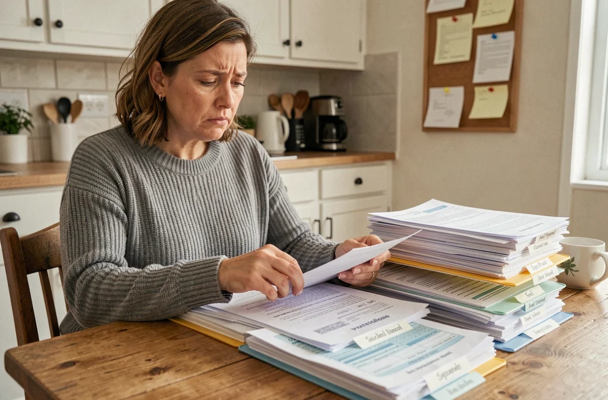 Femme triant des papiers administratifs familiaux en dossiers étiquetés école, santé et impôts sur une table de cuisine en bois