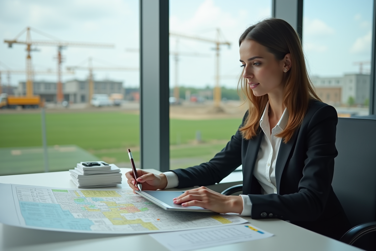 Jeune urbaniste analysant des cartes de zonage en intérieur