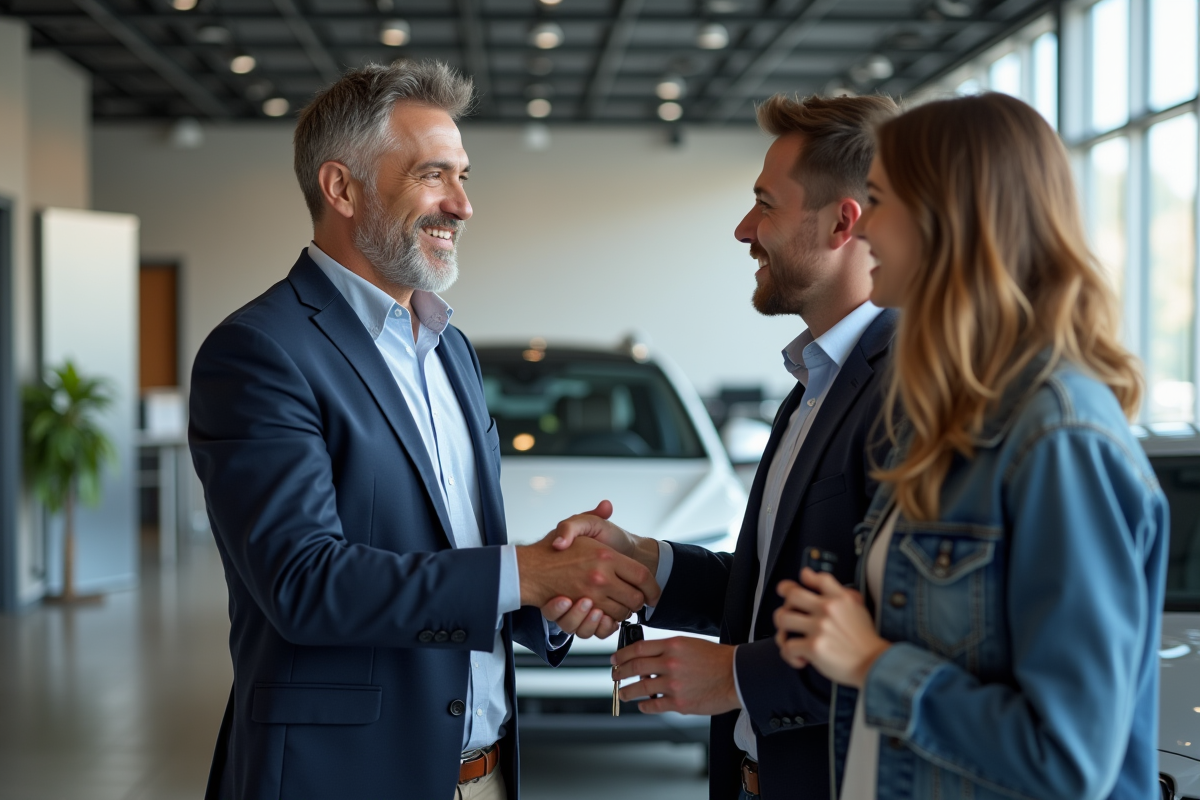 Vendeur souriant remettant des clés à un couple dans une concession