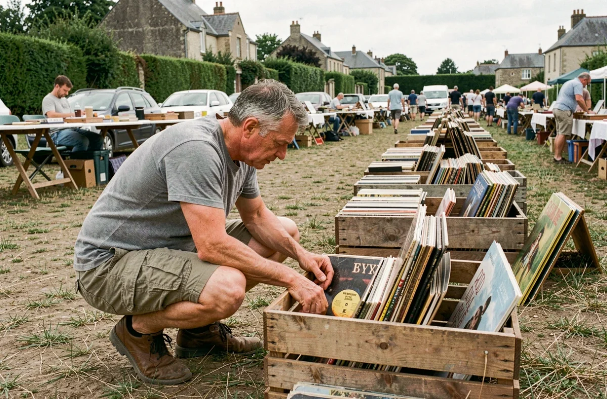 Homme fouillant des vinyles dans un crate en bois lors d'un vide-grenier normand dans l'Orne