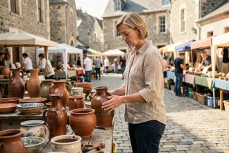 Femme examinant un vase vintage sur un stand de vide-grenier en plein air dans un village de l'Orne