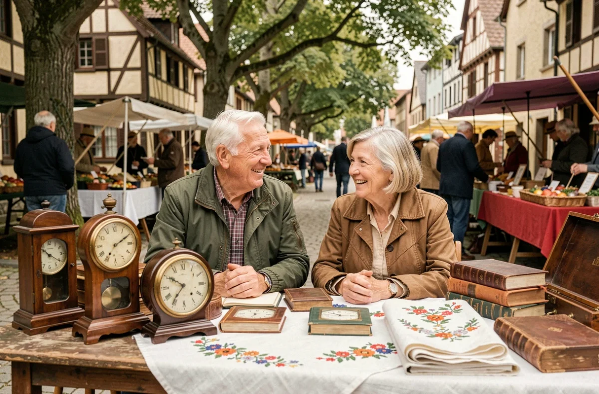 Couple de vendeurs âgés derrière leur stand de vide-grenier dans un village normand de l'Orne