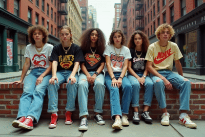 Scène de rue vintage des années 1980 à New York avec jeunes en streetwear