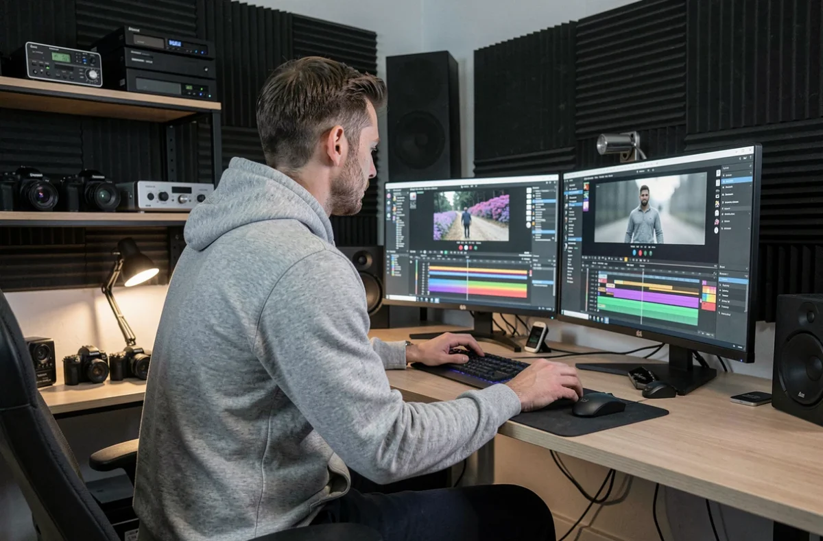 Vidéaste monteur travaillant sur une station de montage professionnelle dans son studio à Nantes pour Vivien Sergent
