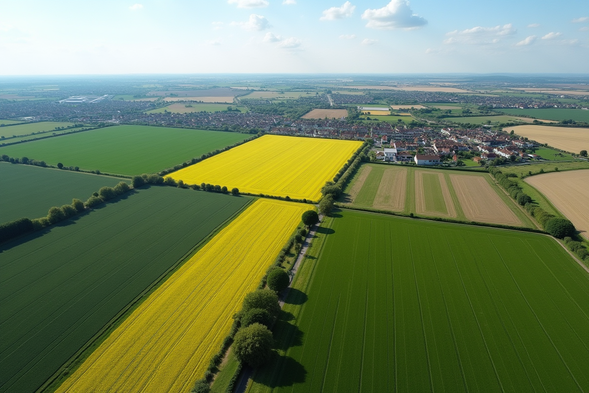 Vue aérienne de la campagne avec zones agricoles et résidentielles
