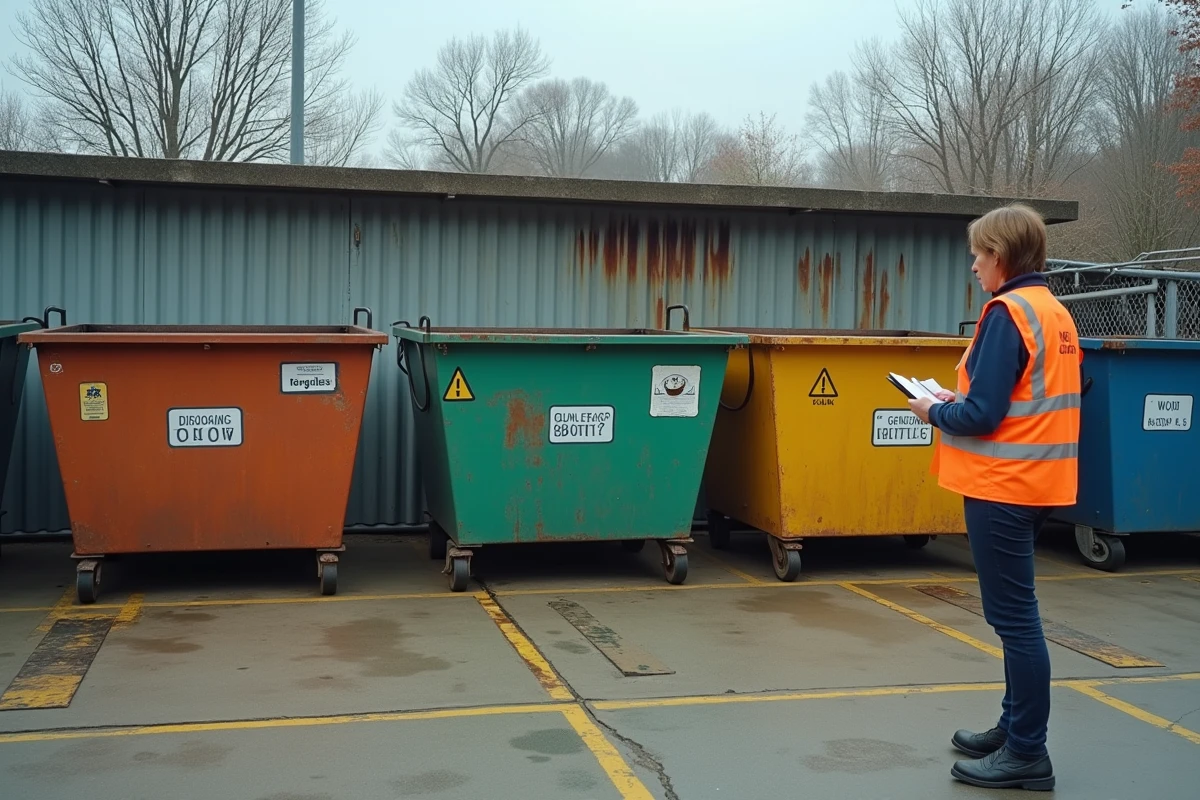 Vue d'ensemble d'une déchèterie municipale avec bennes de tri colorées et agent de collecte