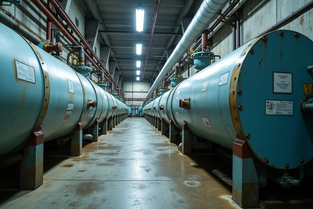 Vue d'ensemble d'une station de purification municipale avec système hydrodynamique intégré entre deux cuves de filtration existantes